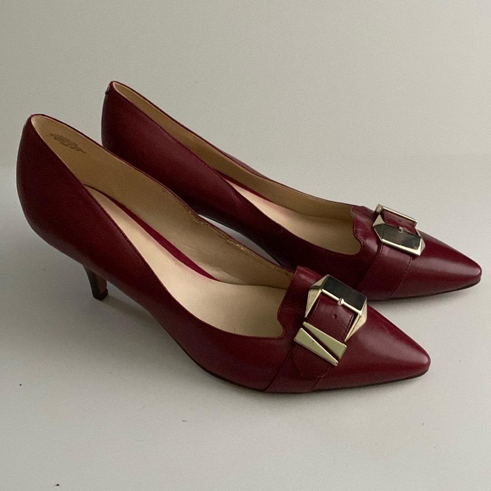 Nine West Muted Red Heels with Gold Plated Buckle Size 9.5